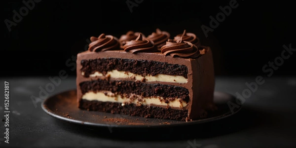Fototapeta Chocolate Layer Cake with Rich Ganache Frosting and Chocolate Shavings for World Chocolate Day Celebrations, Dessert Blogs, and Baking Enthusiasts