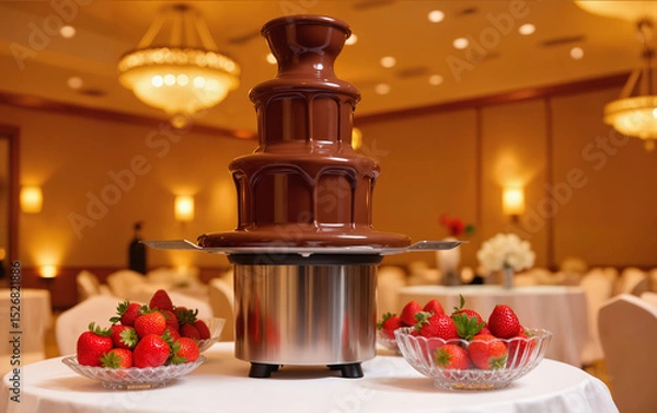 Fototapeta Chocolate Fountain with Fresh Strawberries – Three-Tier Fondue Station at Elegant Buffet for World Chocolate Day Celebrations and Dessert Party Displays