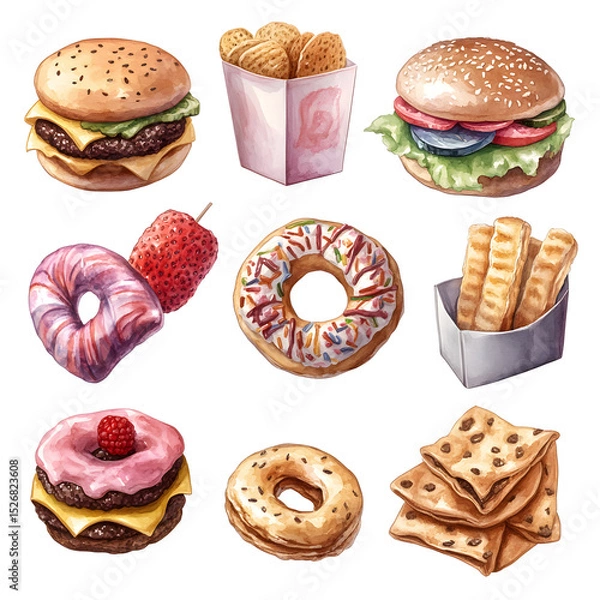 Fototapeta Collection of Watercolor Junk Food Items Isolated on a White Background