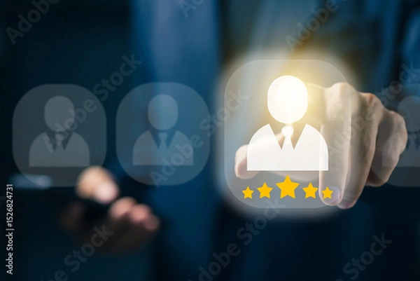 Fototapeta Businessman selecting a five-star rated profile. Concept of customer satisfaction, employee evaluation, quality service, and professional performance in digital business environments.
