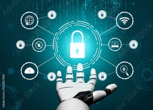 Fototapeta Robot hand with digital security icons and a central glowing padlock symbol