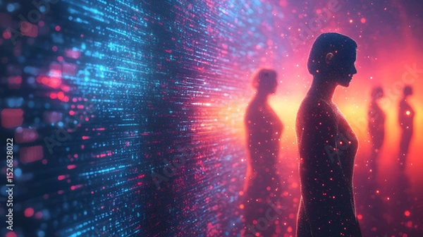 Fototapeta digital human figures made of particles and light trails, abstract technology background with glowing data visualization, virtual identity and network connection concept in neon gradient style