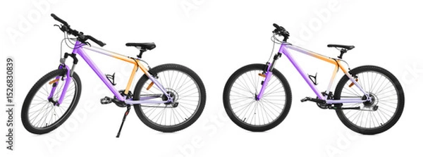 Fototapeta Color bicycle on white background, collage. View from different sides
