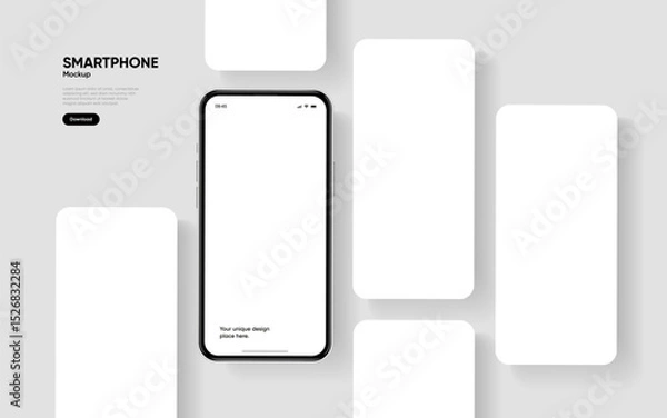 Fototapeta Realistic smartphone mockup. Mobile phone vector with isolated on white background. Device front view. 3D mobile phone with shadow. Realistic, high quality smart phone mockup for ui ux presentation.