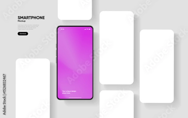 Fototapeta Realistic smartphone mockup. Mobile phone vector with isolated on white background. Device front view. 3D mobile phone with shadow. Realistic, high quality smart phone mockup for ui ux presentation.