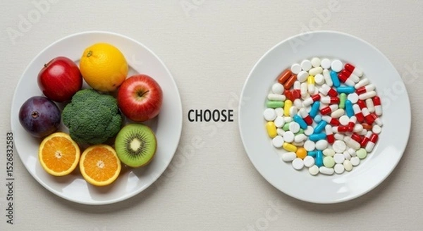 Fototapeta Healthy Eating Versus Medication: A Choice for Wellness - Fruits, vegetables, and pills represent choices for health. Wellness, nutrition, and lifestyle are key concepts. The symbolizes diet