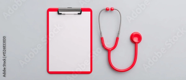 Obraz Red stethoscope and clipboard on light background, symbolizing healthcare and medical practice