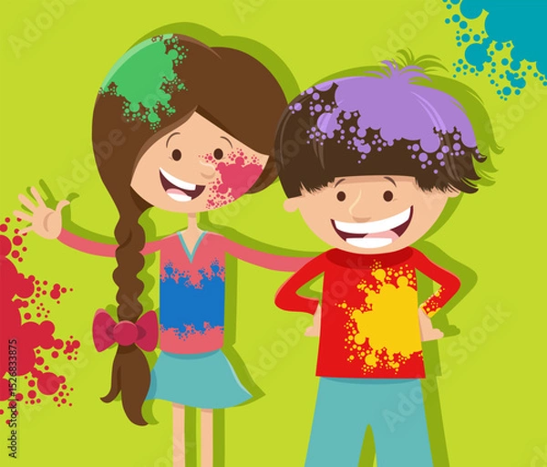 Obraz happy cartoon girl and boy having fun on party with color powders