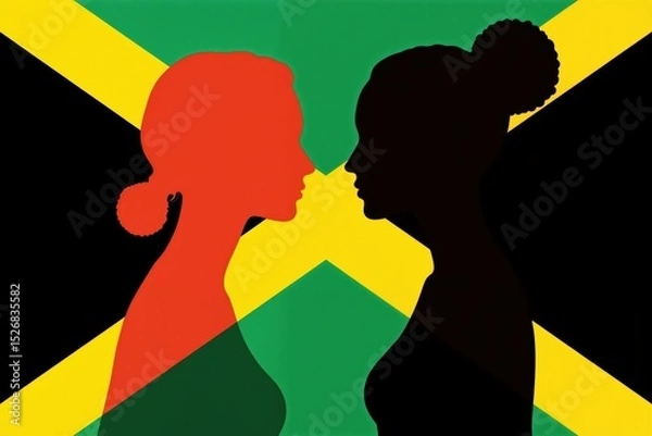 Fototapeta two women are facing each other in front of a jamaican flag