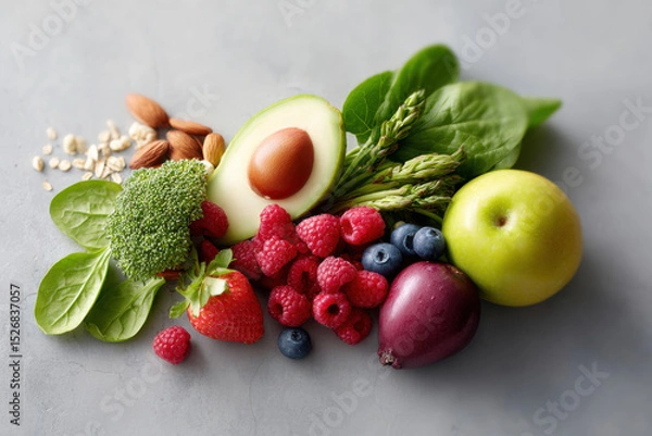 Fototapeta healthy meal spread on clean background featuring colorful fruits and vegetables rich in antioxidants