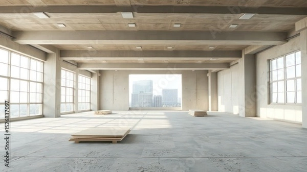 Obraz Expansive and luminous open interior space with unfinished concrete and distant building views, presenting a blank canvas ready for creative design
