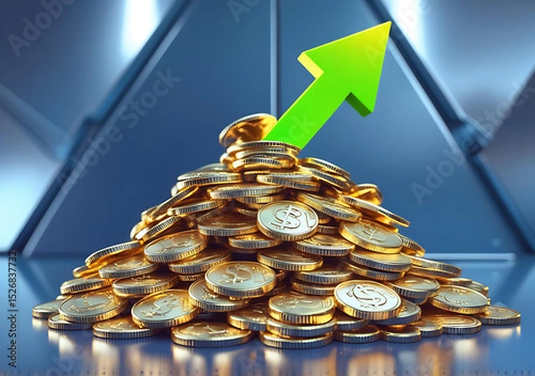 Obraz Golden Coin Stack with Upward Green Arrow – Finance and Profit Growth Concept Generative AI