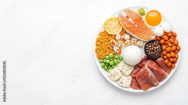 Obraz Colorful plate of assorted foods including salmon, eggs, beans, and vegetables arranged for a healthy meal.