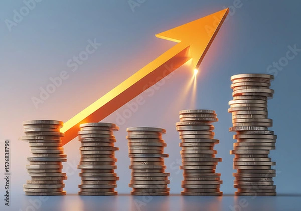 Obraz Stacked Gold Coins with Upward Arrow – Business Growth and Investment Concept Generative AI