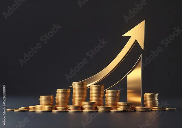 Obraz Stacked Gold Coins with Upward Arrow – Business Growth and Investment Concept Generative AI