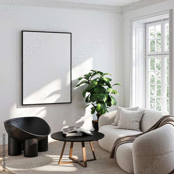 Fototapeta Frame mockup, ISO A paper size. Living room wall poster mockup. Interior mockup with house background. Modern interior design. 3D render
