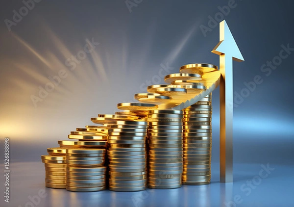 Obraz Stacked Gold Coins with Upward Arrow – Business Growth and Investment Concept Generative AI