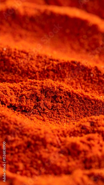 Fototapeta Deep red spice powder is spread across a surface, showcasing fine granules and a rich, earthy texture. The vibrant hue hints at its use in flavorful dishes and culinary creations.
