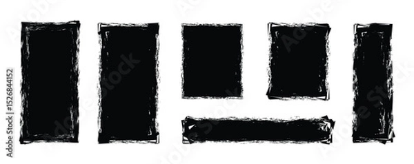 Obraz Set of rectangular grunge template backgrounds. Black  shapes with ripped jagged borders on white background. Vintage grunge boxes for collage, text, banner, sticker design. Brush stroke. 