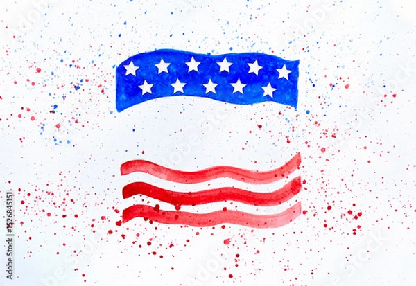 Obraz Childlike art style watercolor american flag with paint splashes with space for text. USA Independence Day art
