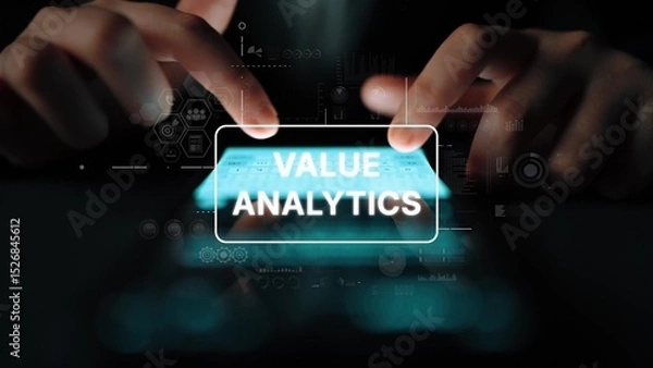 Obraz Hands Interacting with Touchscreen Device Displaying Value Analytics in a High-Tech Environment. Asymptotic smart data analytic.