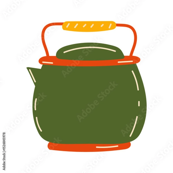 Obraz green metal teapot with spout and handle. Doodle for stickers. Vector illustration, hand drawn.