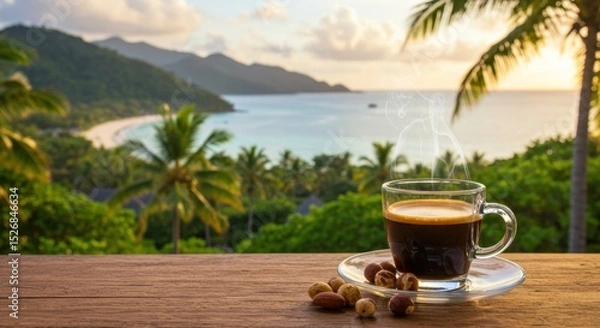 Fototapeta Serene morning coffee overlooking a tropical beach with palm trees and mountains at sunrise