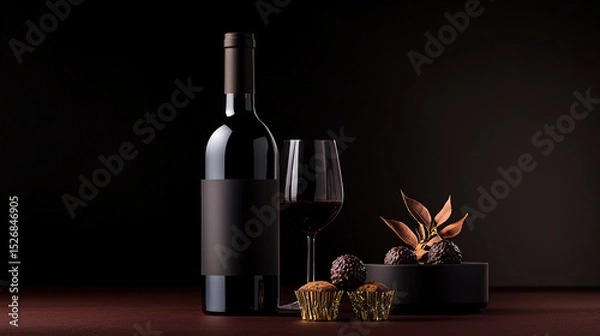 Fototapeta Red Wine Bottles with Gold-Foil Chocolate Truffles on Dark Gradient Background with copy space