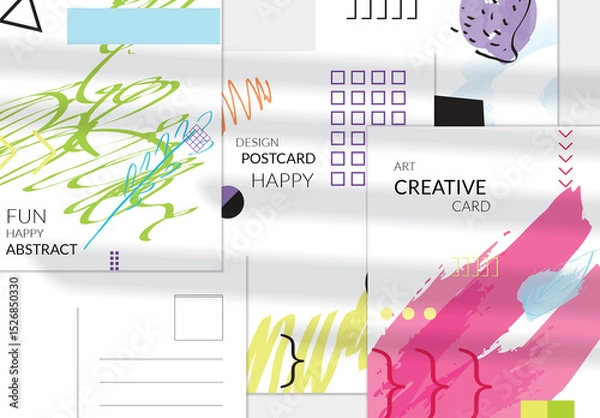 Obraz Postcard Layout with Hand Drawn Abstract Floral Doodles and Geometric Shapes