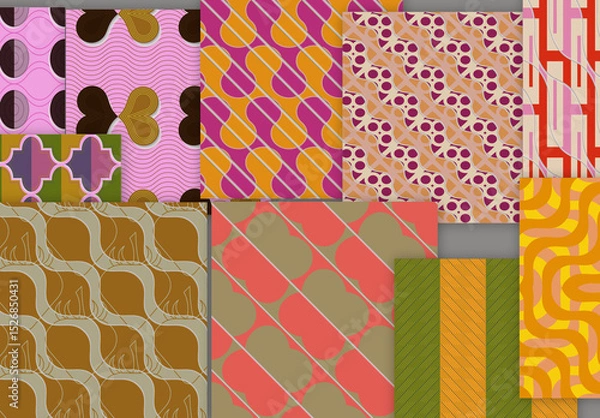 Obraz Seamless Pattern Set with Geometric Shapes and 3D Shadow Effect Muted Colors