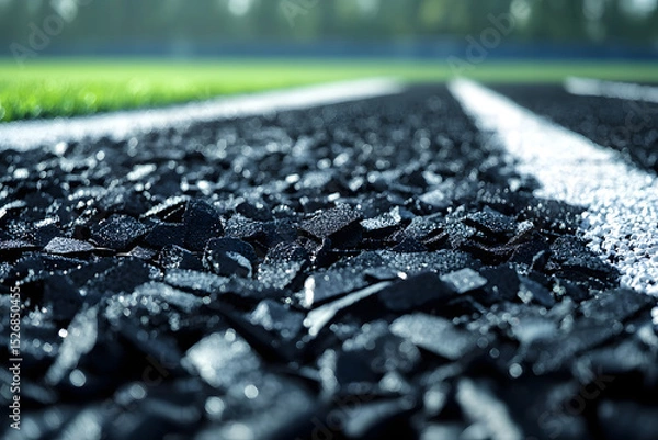 Fototapeta Black rubber granules scattered on artificial turf surface near white field marking on sports ground