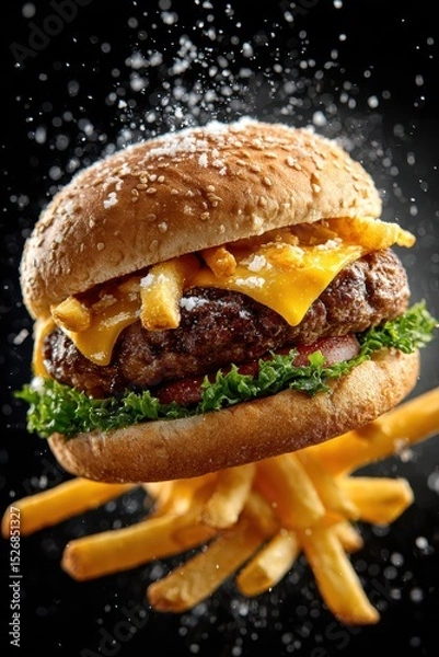 Fototapeta Juicy cheeseburger with melted cheese and fries on black background