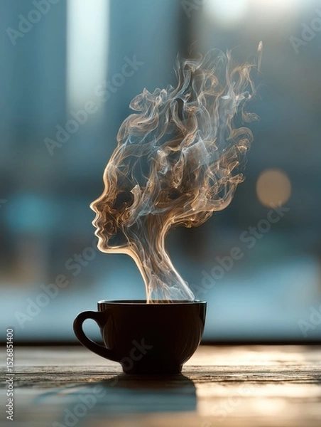 Fototapeta Cup of coffee with face-shaped steam rising on wooden table