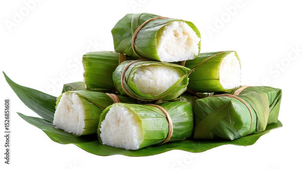 Obraz Delicious rice cakes wrapped in green leaves, ready to enjoy. transparent background