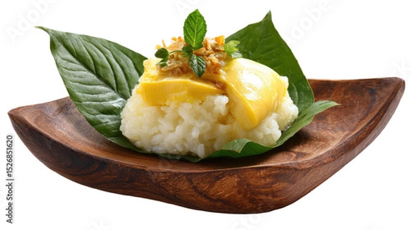 Obraz Delicious rice dish garnished with herbs on a wooden plate. transparent background