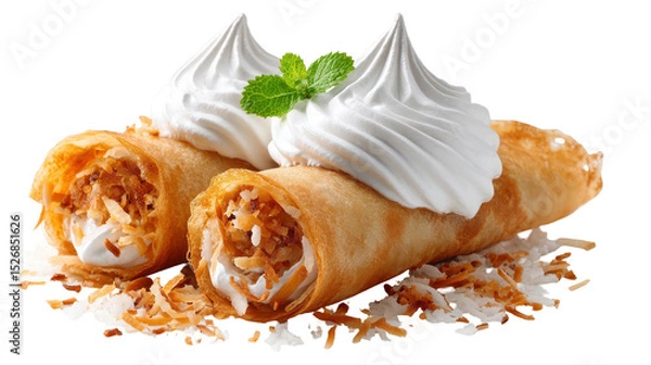 Obraz Delicious rolled dessert with coconut and whipped cream topping. transparent background