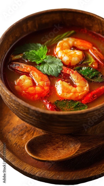 Obraz Delicious shrimp soup garnished with fresh herbs and spices. transparent background