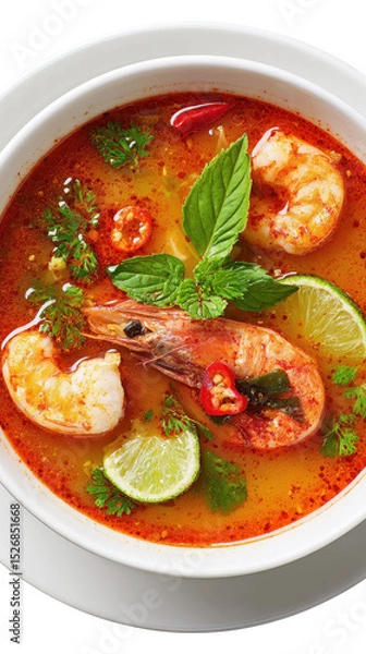 Obraz Delicious shrimp soup garnished with herbs and lime slices. transparent background