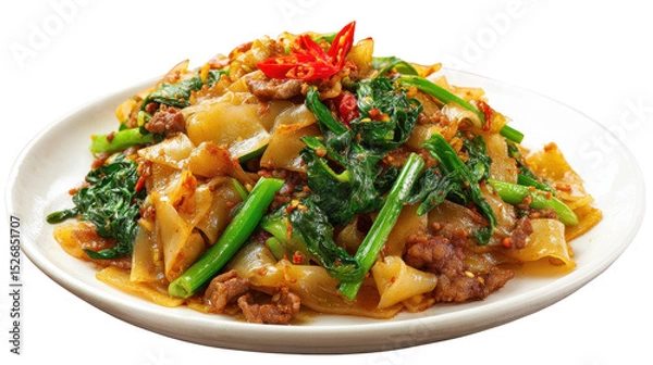 Obraz Delicious stir-fried noodles with vegetables and beef garnished. transparent background