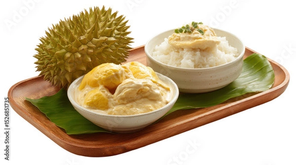 Obraz Delicious Thai durian dessert served with rice and coconut milk. transparent background