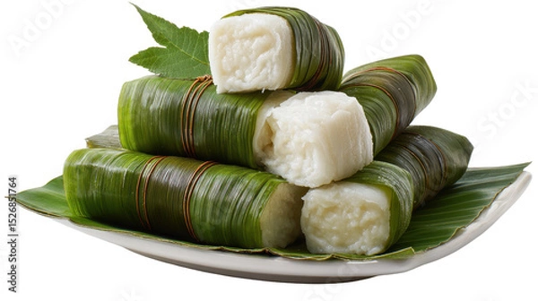 Obraz Delicious traditional rice cakes wrapped in green leaves. transparent background
