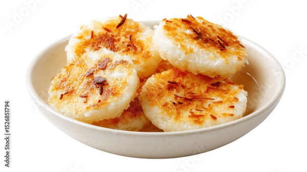 Obraz Deliciously golden coconut rice cakes served in a bowl. transparent background