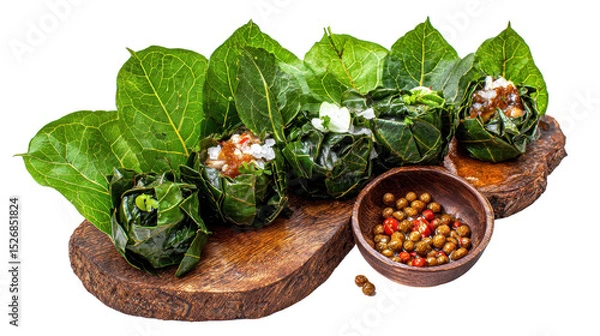 Obraz Freshly prepared stuffed leaves served on a wooden platter. transparent background