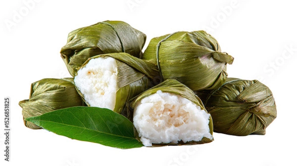 Obraz Freshly wrapped rice dumplings in green leaves on a white background. transparent background