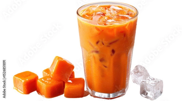Obraz Refreshing iced tea with ice cubes and orange color. transparent background