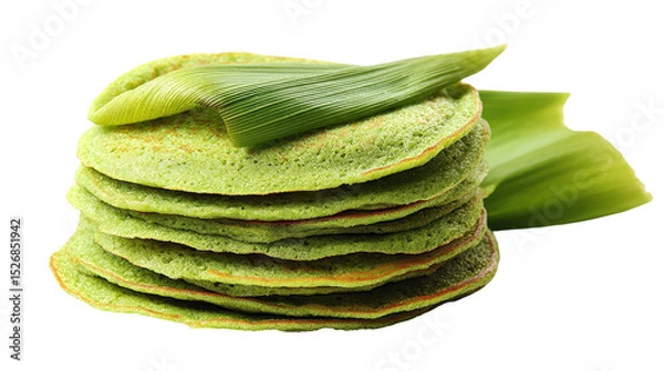 Obraz Stack of vibrant green pancakes garnished with fresh leaves. transparent background