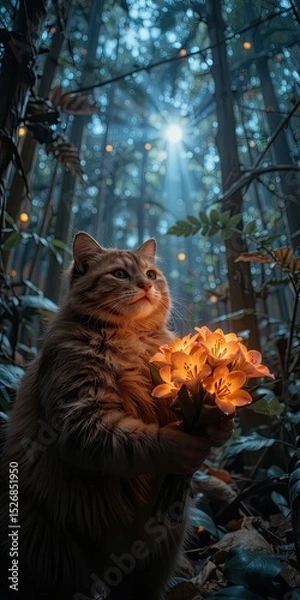 Fototapeta Tabby cat holding glowing lilies in forest at dusk
