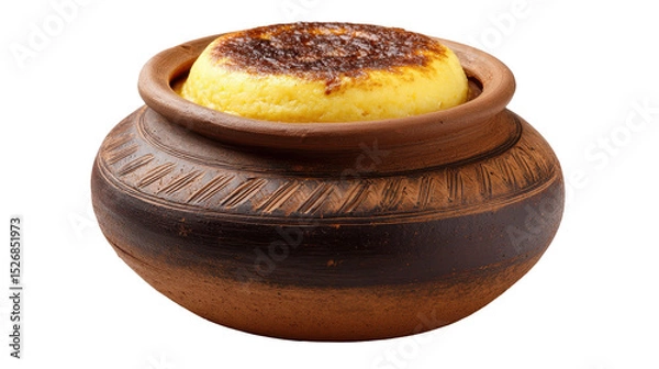 Obraz Traditional baked dish in a rustic clay pot, rich and creamy. transparent background
