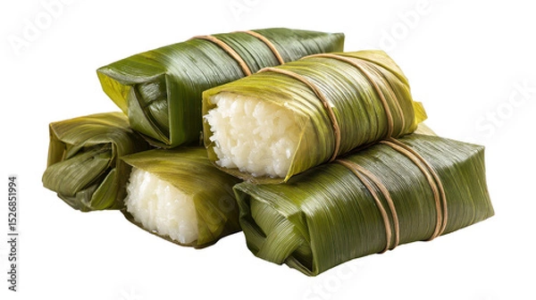 Obraz Traditional wrapped rice dumplings in bamboo leaves. transparent background