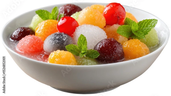 Obraz Vibrant fruit salad with melon balls and refreshing mint leaves. transparent background